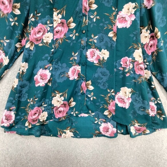 Torrid Harper Blouse Wmns Sz 2 Georgette Teal Floral Long Sleeve Back Tie V-Neck - Picture 3 of 12